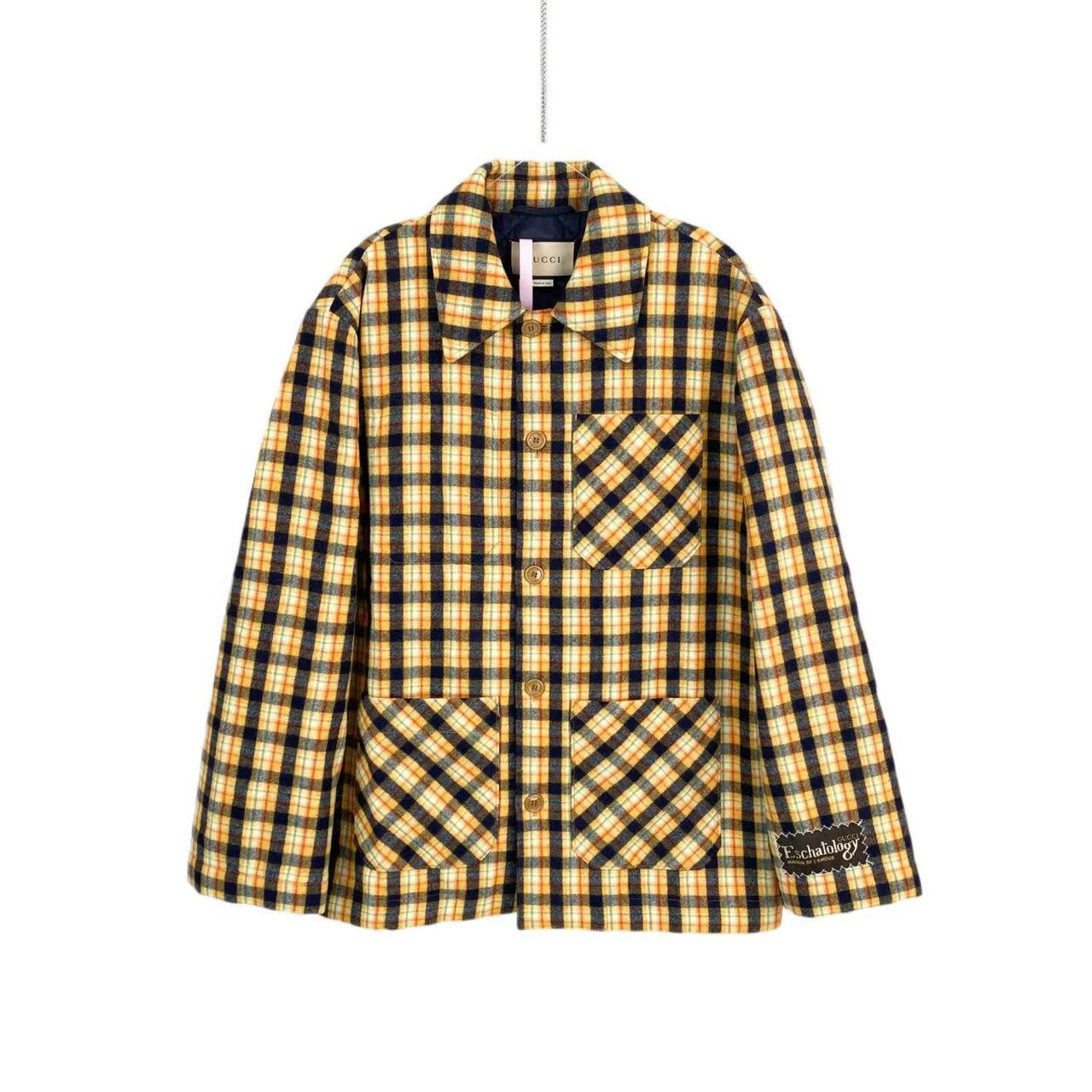 未使用 GUCCI/古驰  yy773  羊毛 袖标logo格纹羊毛外套 44码