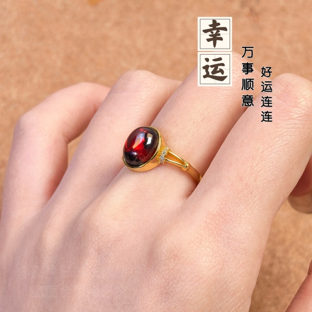 高定[幸运]戒指8×10mm镶嵌人工红色轻奢金色复古时尚活口