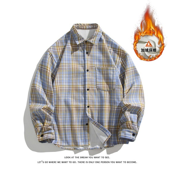 日式加绒加厚秋冬新款男士长袖格子衬衣保暖衬衫潮流宽松休闲复古