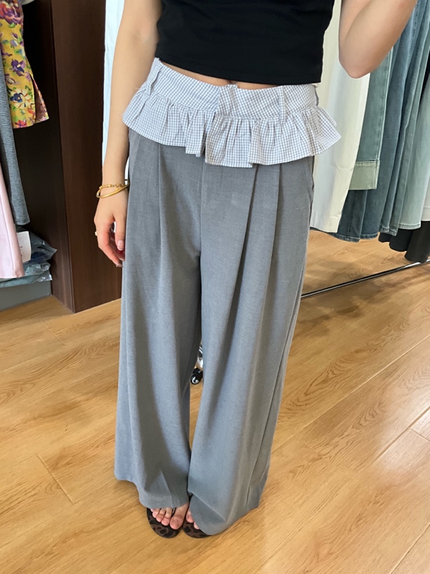夏季设计感蕾丝拼接阔腿女士休闲裤