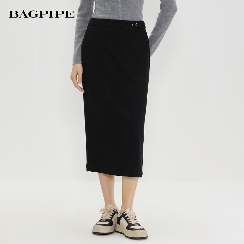 风笛2025冬季新款高腰显瘦半身裙秋冬女气质通勤简约百搭直筒腰裙