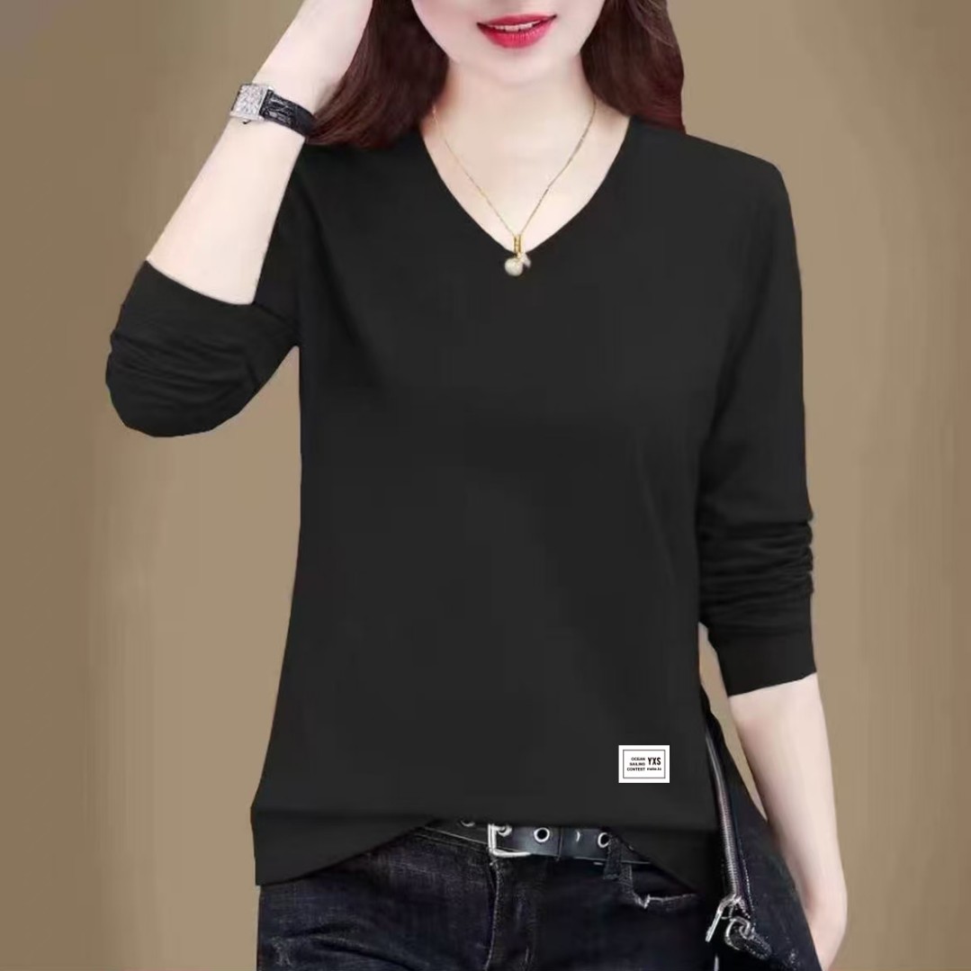 纯棉春秋季V领长袖t恤男女潮流洋气衣服休闲上衣长袖打底衫