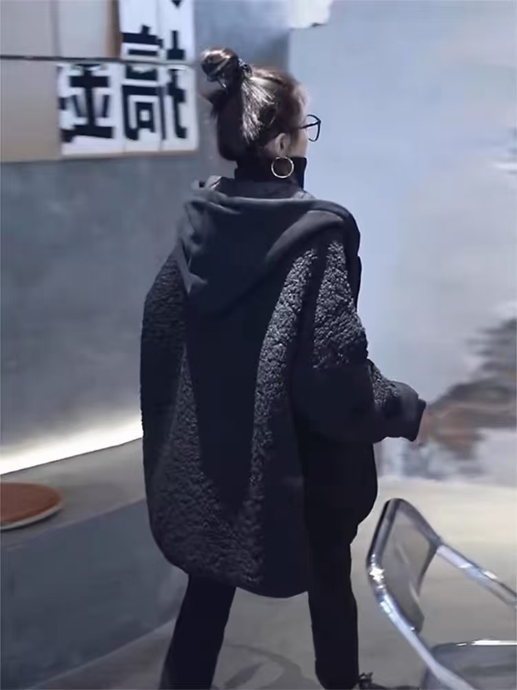 冬季连帽欧美风女中长款毛呢外套双面休闲时尚