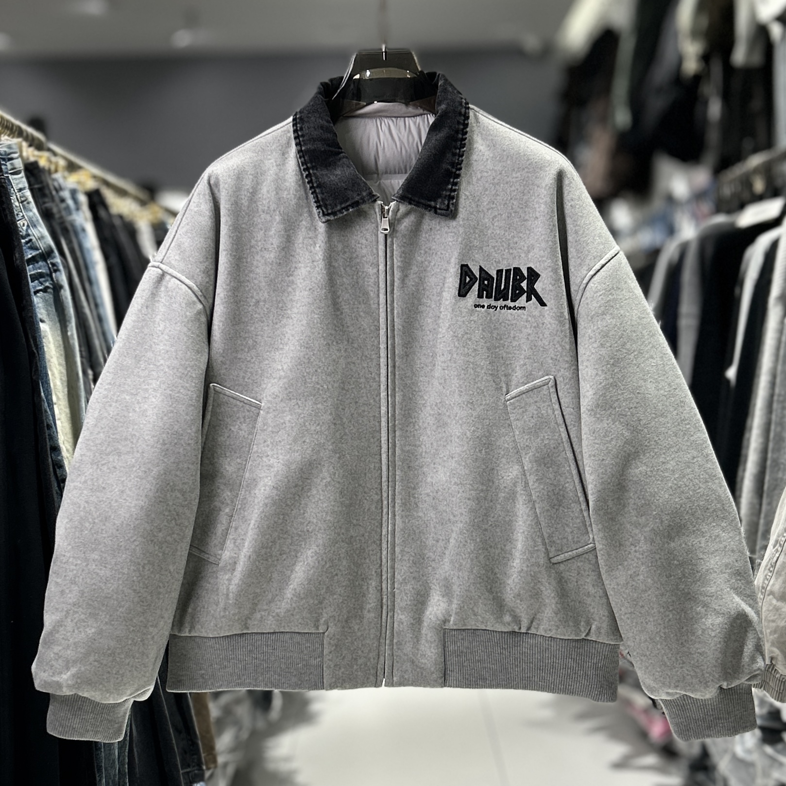 杉禾 90白鸭绒羽绒服男25冬季新款拼接领绵羊毛呢保暖羽绒服8907