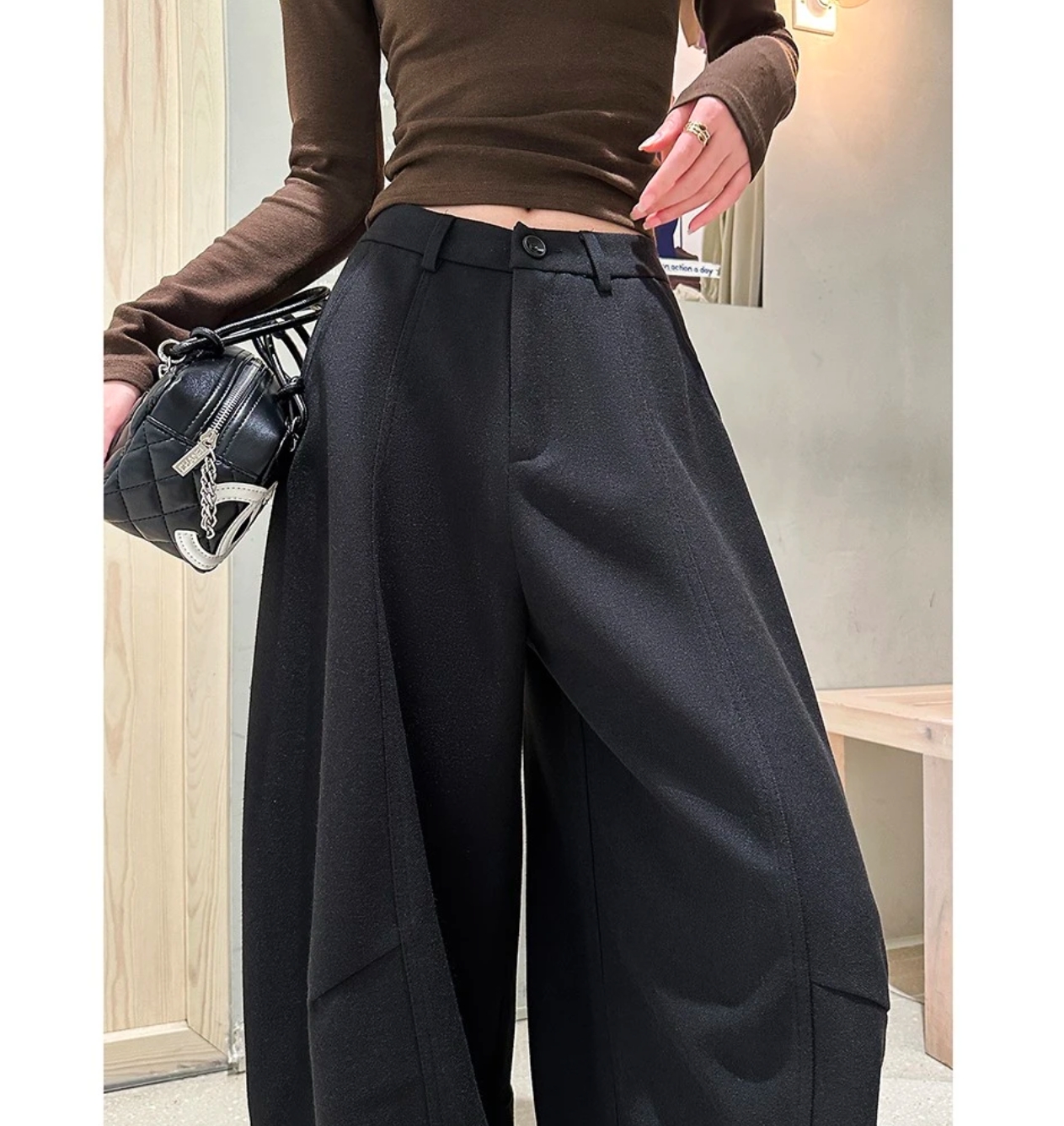 【现货+运费险】秋冬新款毛呢阔腿弯刀裤厚款慵懒风休闲裤女裤子