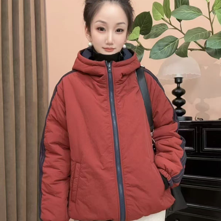 【双面穿棉服】秋冬新款双面穿侧拼条拉链休闲简约减龄连帽棉服