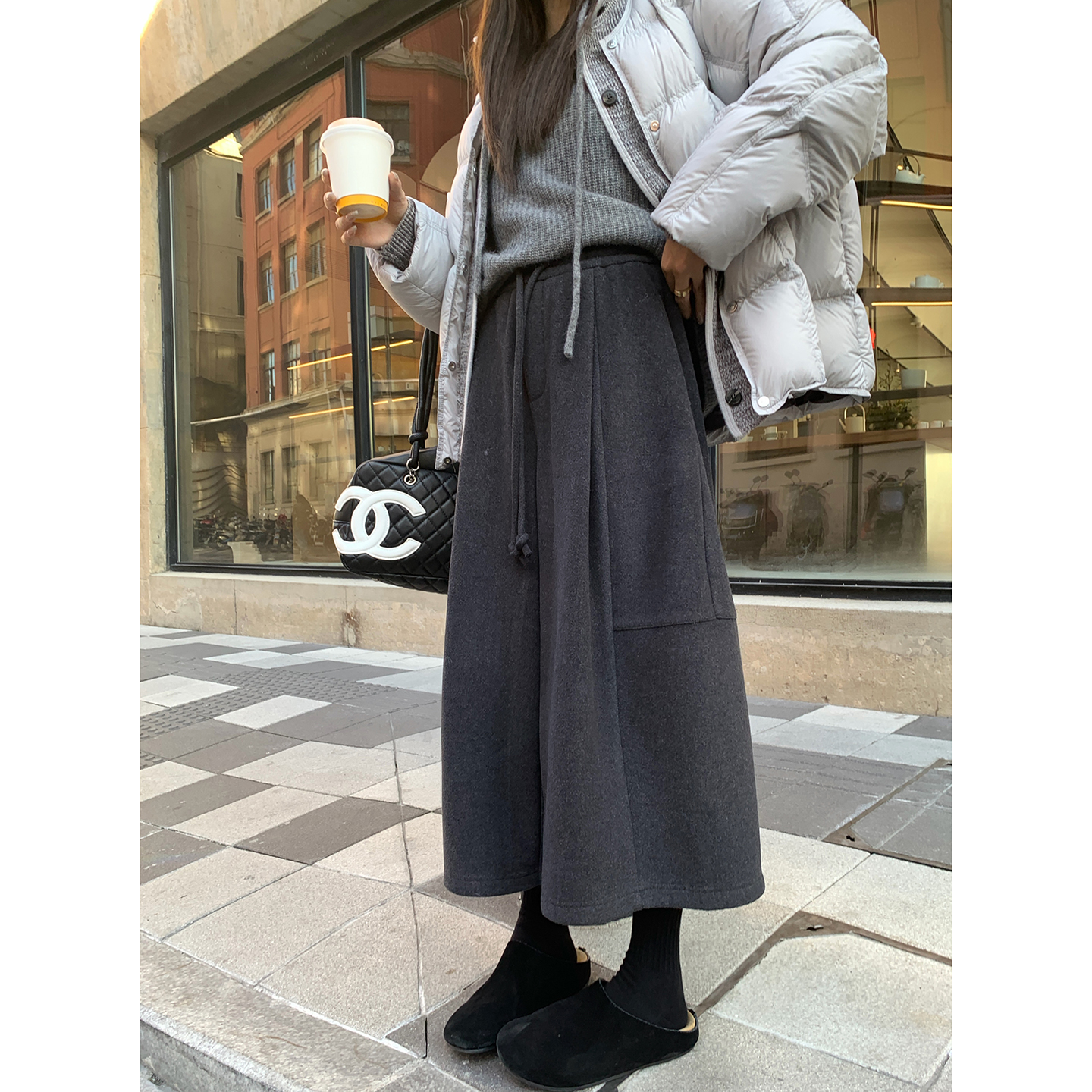 EKOOL 羊毛高腰花苞休闲裤女2025新款冬季宽松加厚阔腿毛呢八分裤