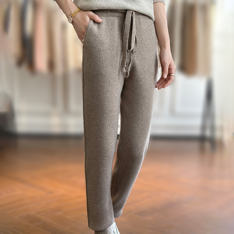 秋冬新款小脚裤女士高腰纯色抽绳带兜束脚裤百搭时尚针织休闲长裤