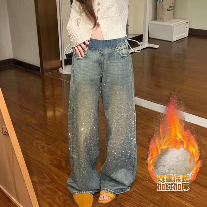 孕妇阔腿裤秋冬加绒加厚满天星烫钻宽松高腰抽绳阔腿孕妇牛仔裤