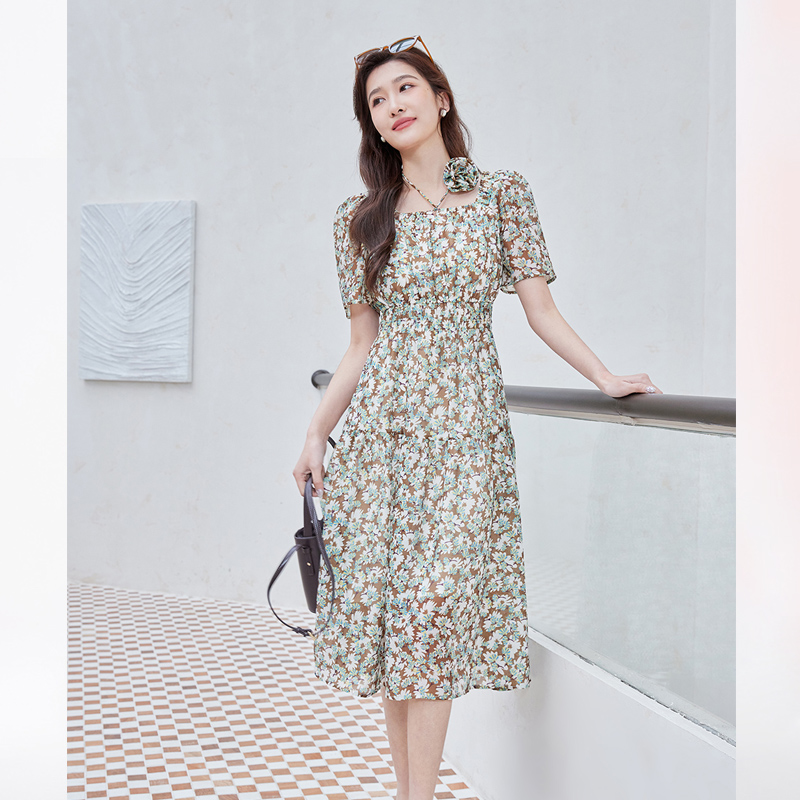 【直播专属】商场同款夏季新品肩部腰部打揽提花连衣裙N196A42523