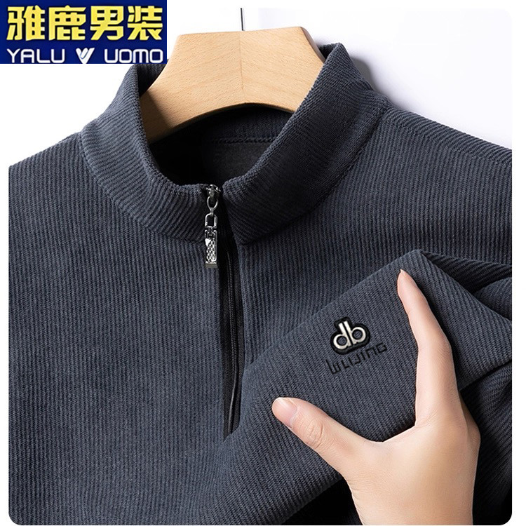 雅鹿男装加绒加厚拉链POLO衫冬季新款保暖打底T商务休闲男士上衣