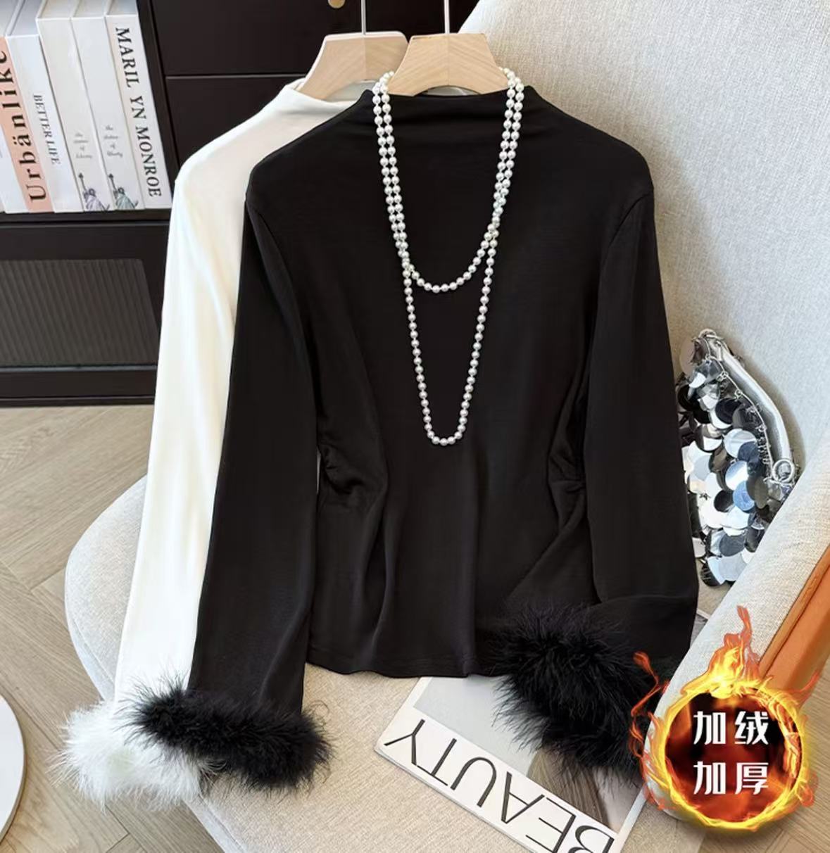 【加绒加厚！毛毛袖可拆卸】秋冬毛毛袖半高领打底衫修身显瘦长袖