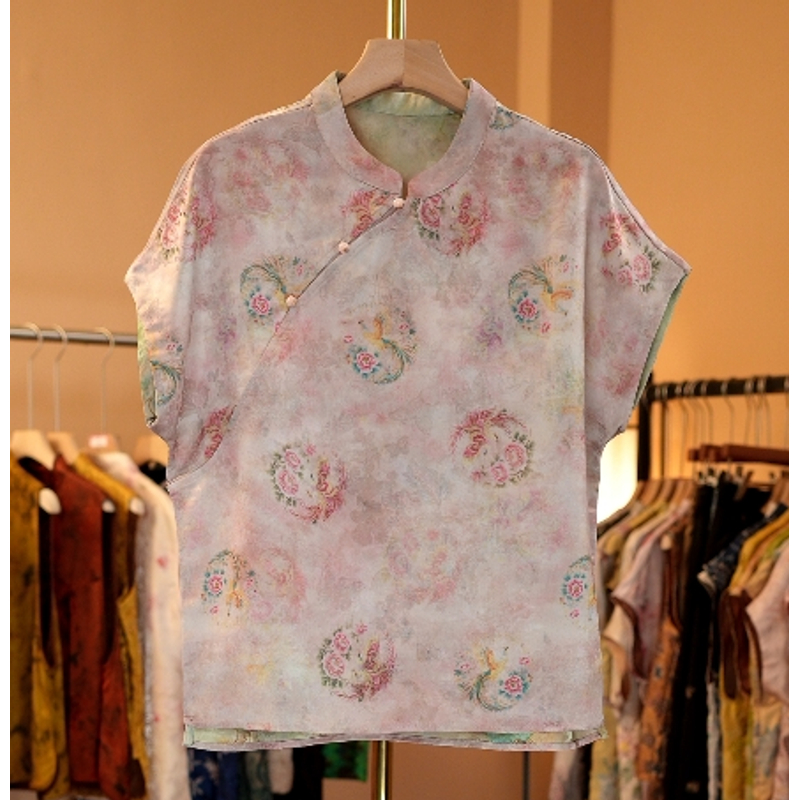 『凤穿牡丹』新中式时尚立领斜襟盘扣遮肉显瘦短袖T恤2908