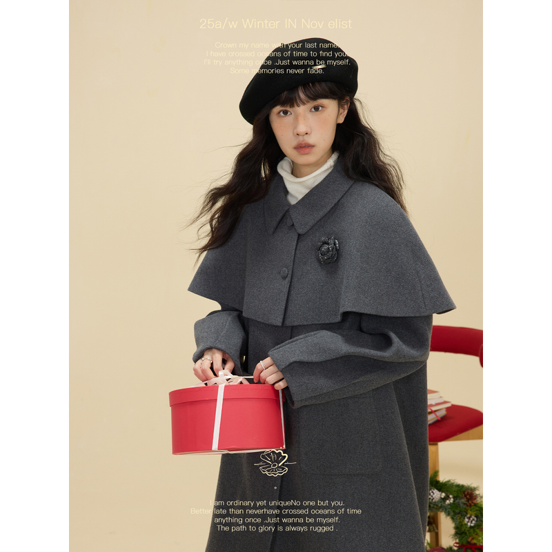 Nov elist什一 法式复古少女翻领可拆卸斗篷气质两件套毛呢外套