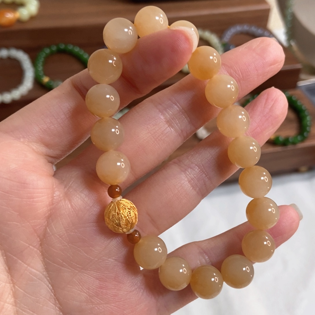 和田玉手链18K金镶嵌10mm糖白精品