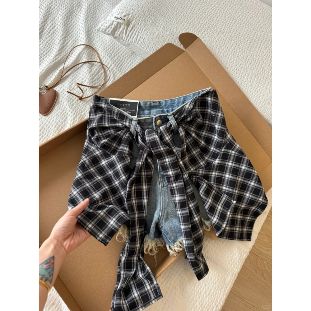 美式复古水洗做旧牛仔短裤女2025夏季新款两件套显高显瘦超短热裤