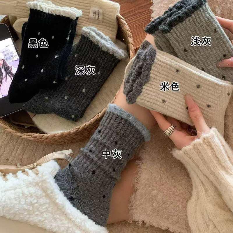 秋冬季女士中筒波点花边温柔复古多巴胺百搭长袜