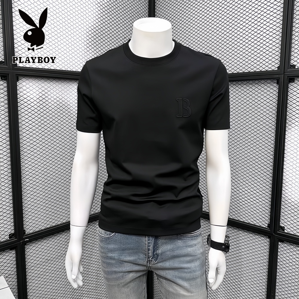 PLAYBOY/花花公子夏季高端青年男士短袖t恤字母压花休闲百搭上衣