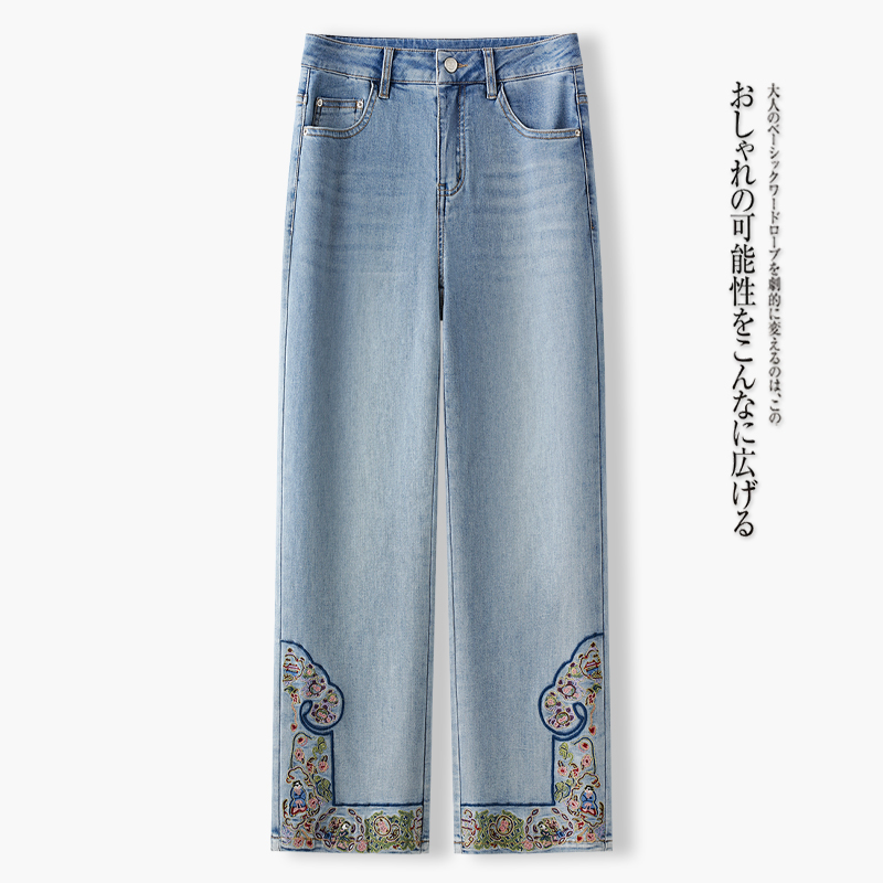 蓝色刺绣牛仔裤女2025新款夏季薄款美式高腰显瘦窄版小个子直筒裤