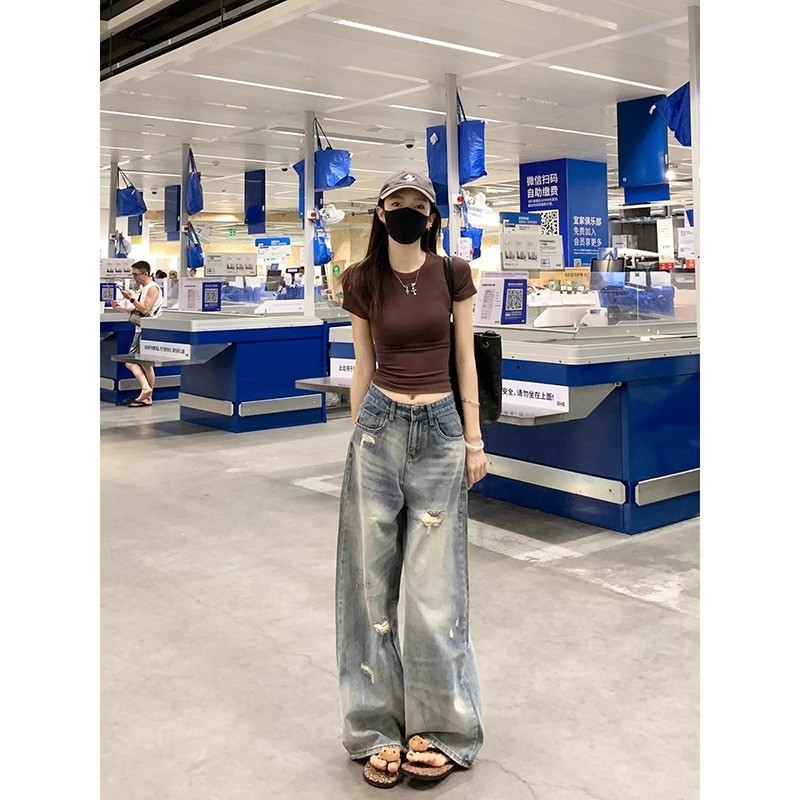 【聪聪专属】小个子阔腿裤145-150爆款破洞牛仔裤女款春夏薄款裤子