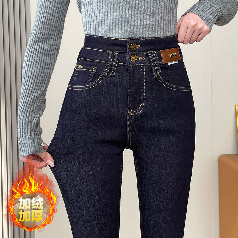 2025年丹宁蓝高腰小脚加绒紧身牛仔裤女秋冬新款显高显瘦提臀百搭