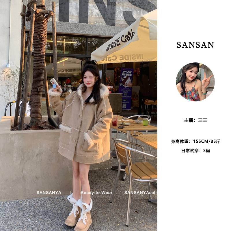 冬季加绒加厚连帽皮毛一体韩版保暖宽松休闲显瘦小香外套女