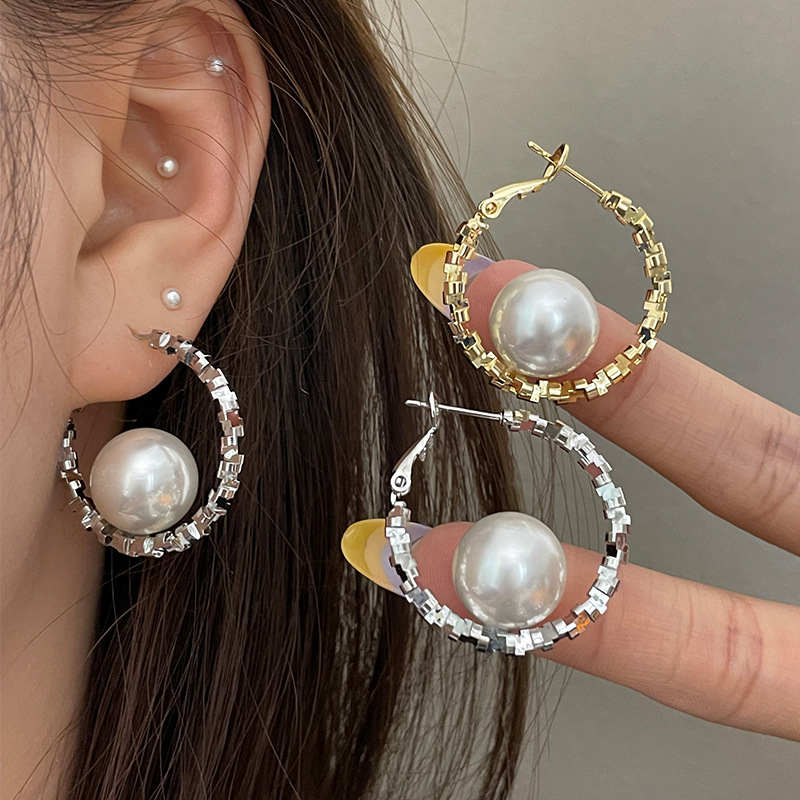 合金耳饰 3cm夸张大气碎银子珍珠925银针耳圈2025新款高级耳钉