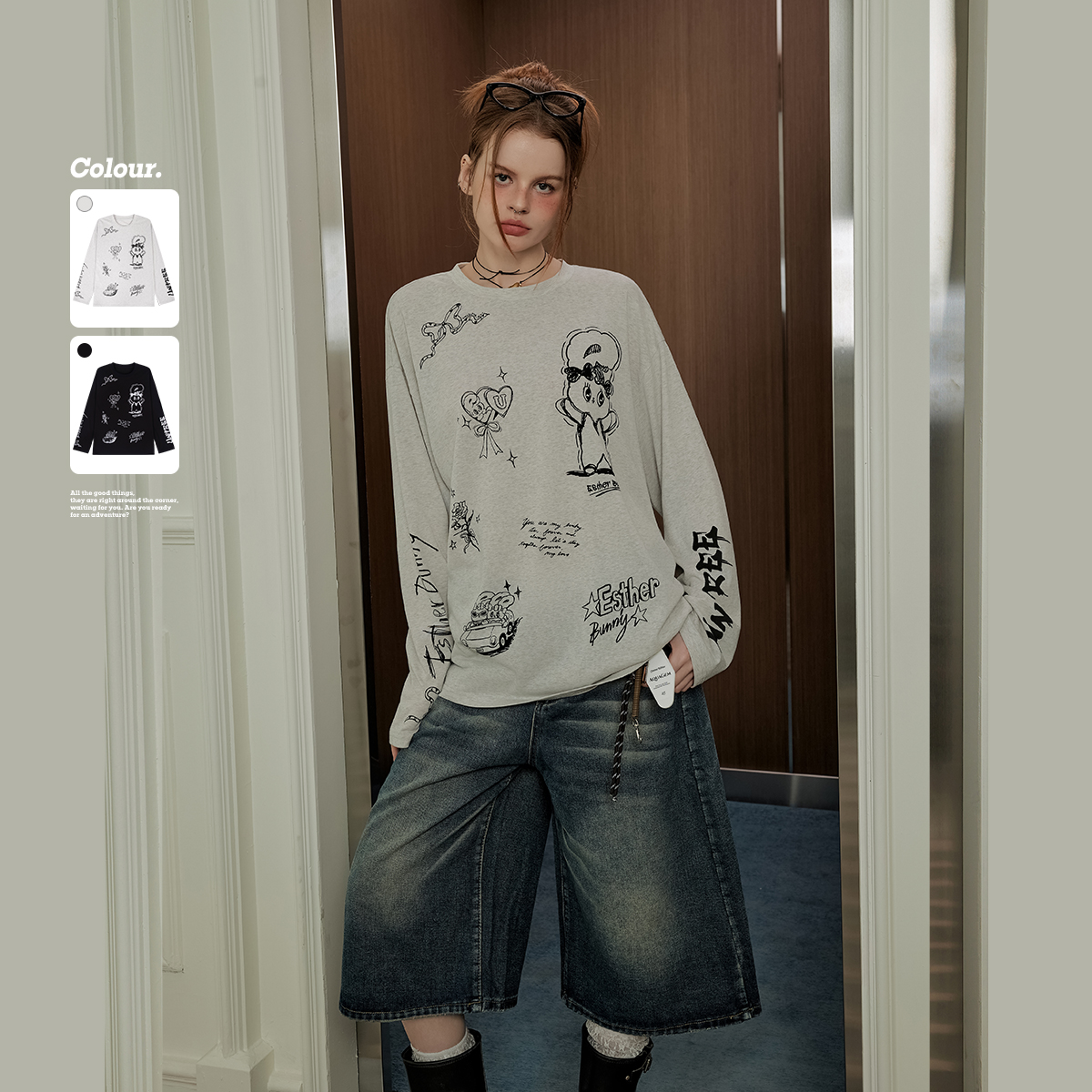 【25年春】【艾丝乐联名】宽松涂鸦长袖T恤女韩版新款上衣