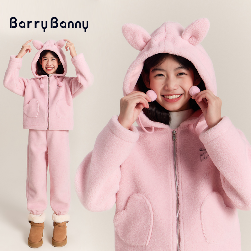 BarryBanny冬季新款羊羔绒套装连帽外套女童拉链冬季厚款保暖可爱