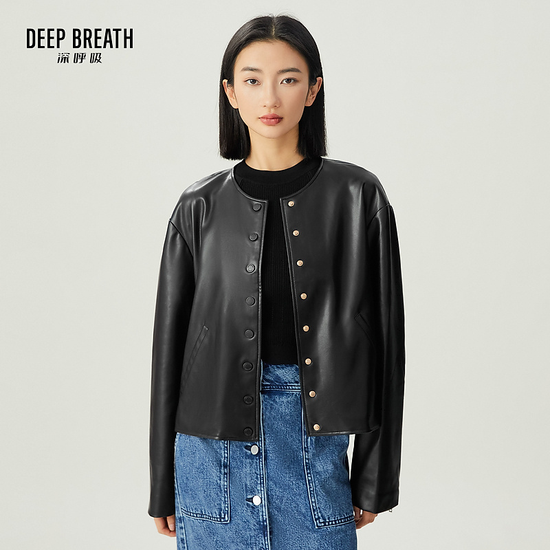 DEEP BREATH深呼吸女装新款时尚纯色长袖单排扣多扣PU皮衣A401082