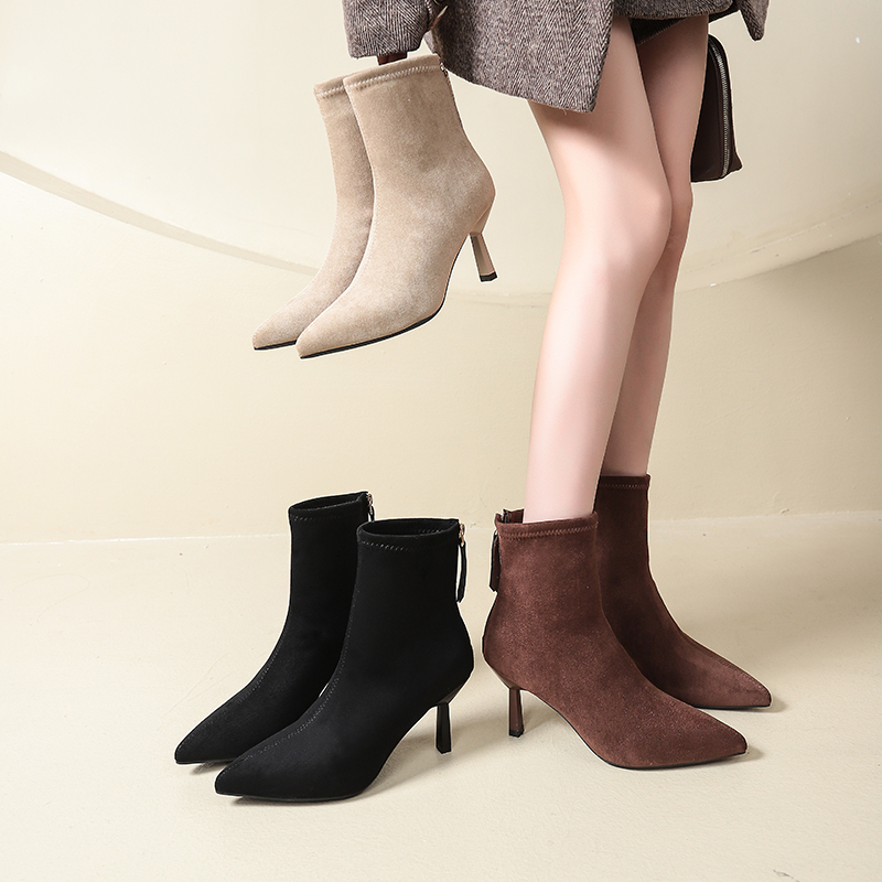 尖头细跟冬季磨砂高跟后拉链短靴弹力百搭加绒时尚