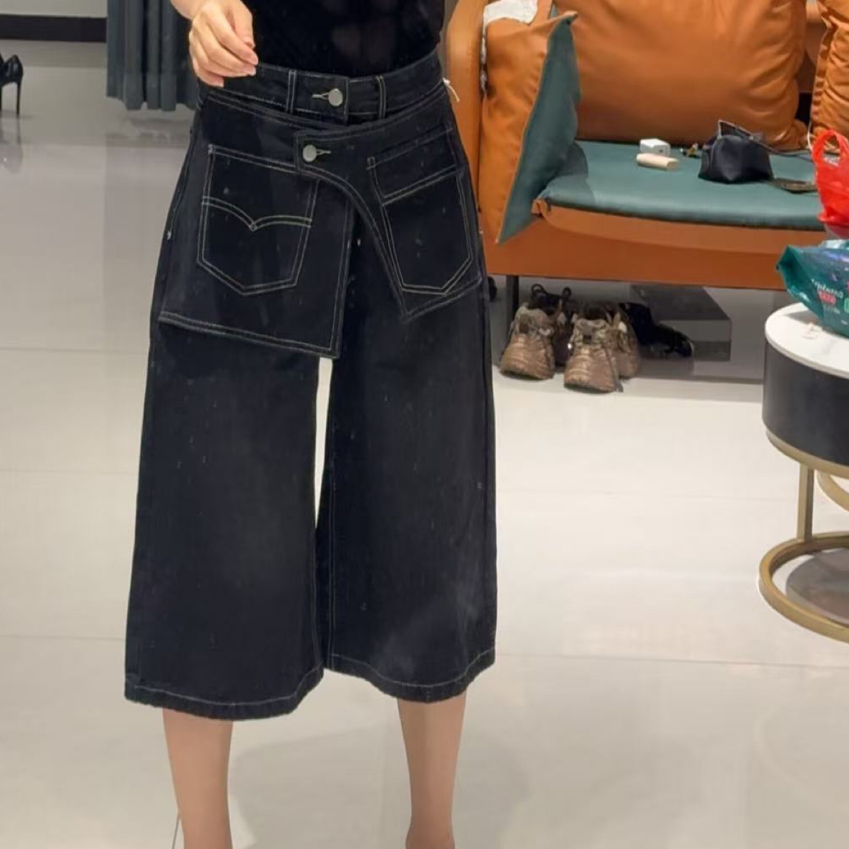 早秋新款美式设计感假两件拼接宽松显瘦阔腿牛仔八分裤女