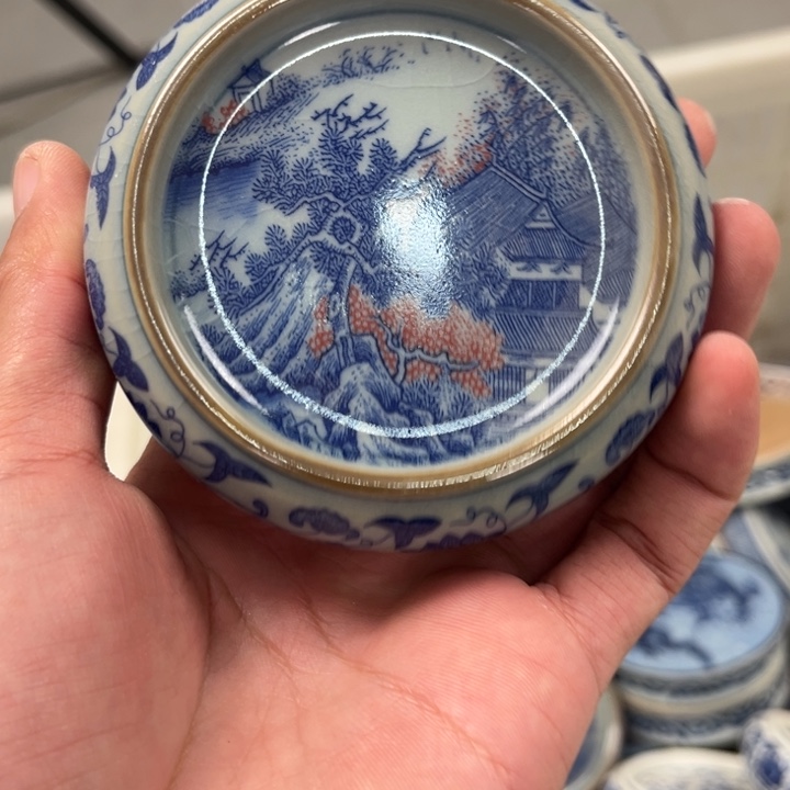 摆件瓷陶泥红山水盖置