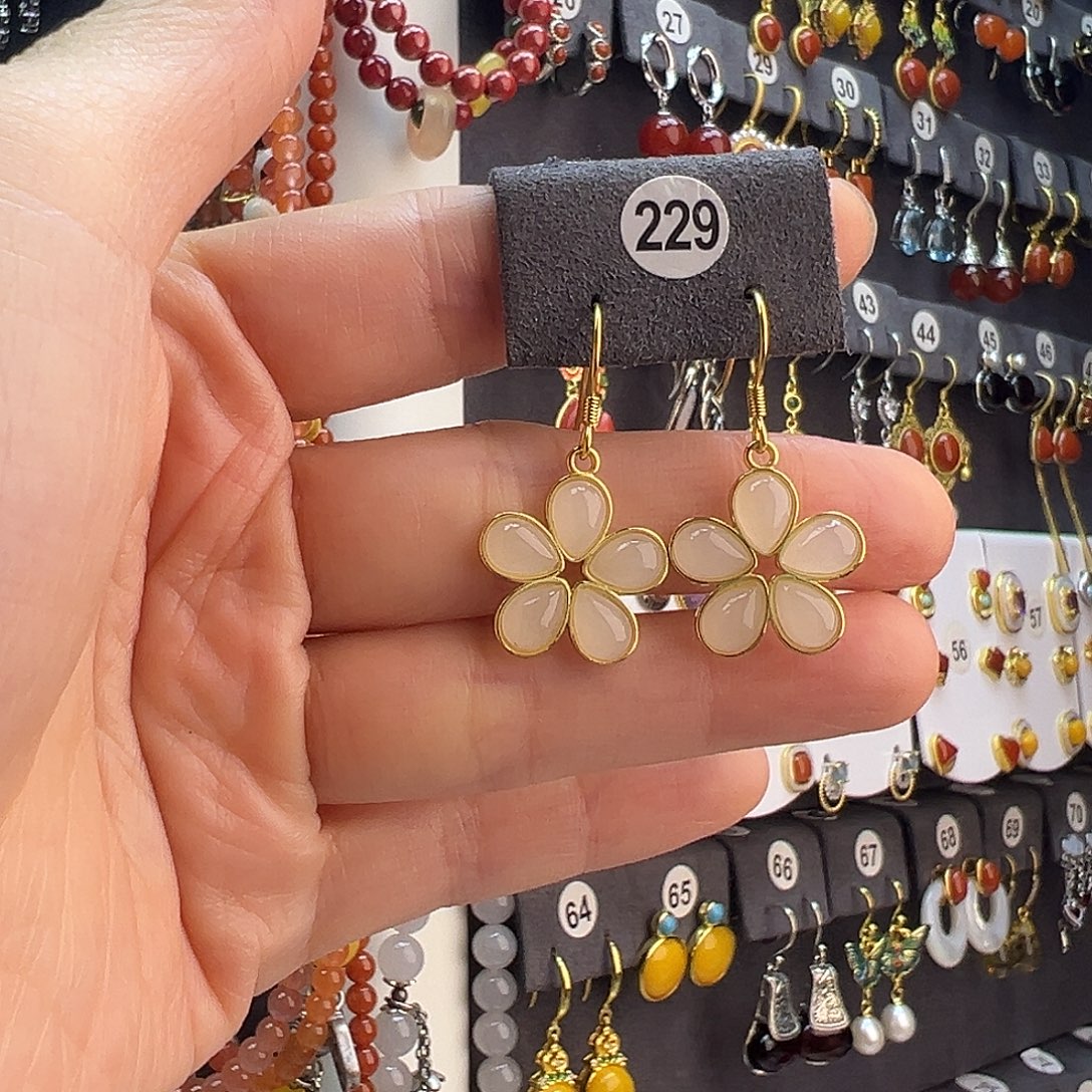 和田玉未镶嵌耳饰通体纯银天然和田玉花朵耳钩