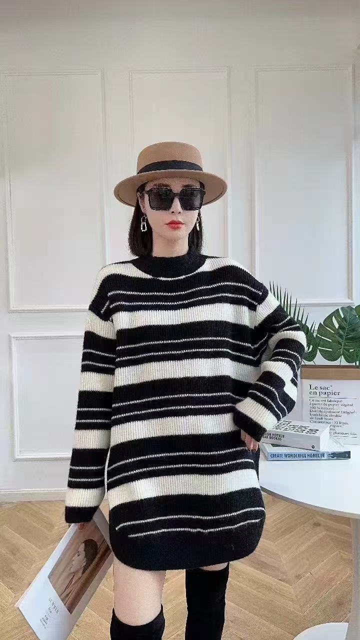 长袖拼接针织女圆领毛针织衫高领套头针织衫休闲条纹长款毛衣
