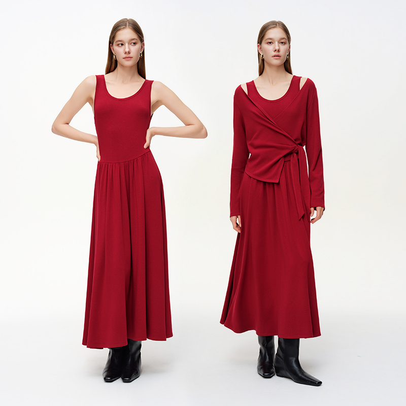 独束女装【热颂红酒】系带开衫套装红色修身显瘦两件套26DS81242