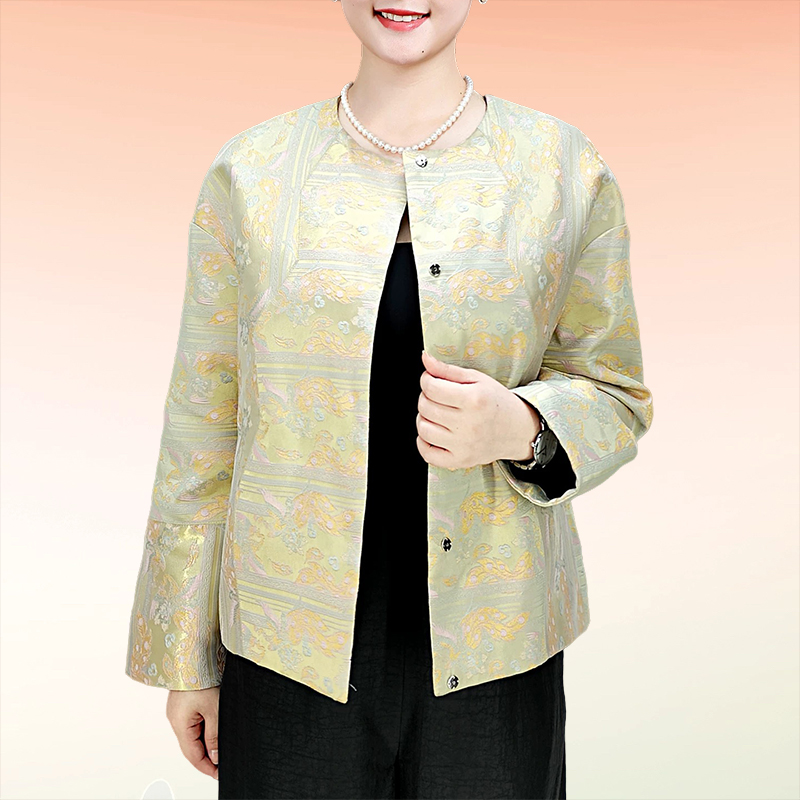 秋冬新款圆领桑蚕丝宋锦棉服外套女新中式提花真丝薄棉袄开衫长58