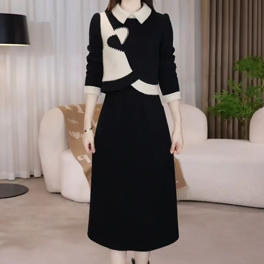 5896#气质减龄毛衣连衣裙2025秋冬新款显瘦加厚时尚假两件裙子