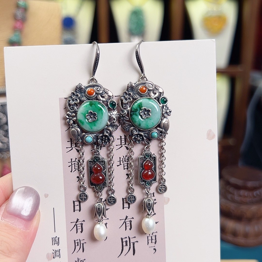 翡翠银S925镶嵌挂件耳环