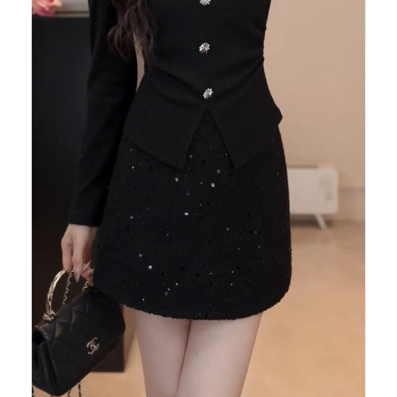 YUANLIANSU/圆脸酥【月下花眠】千金风气质时尚亮片A字半身裙女秋冬