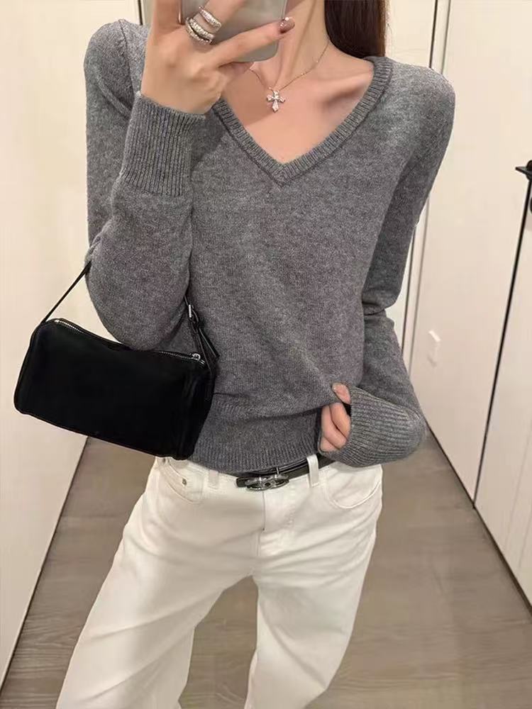 151秋季新款韩系简约V领辣妹减龄气质休闲百搭小众针织毛衣