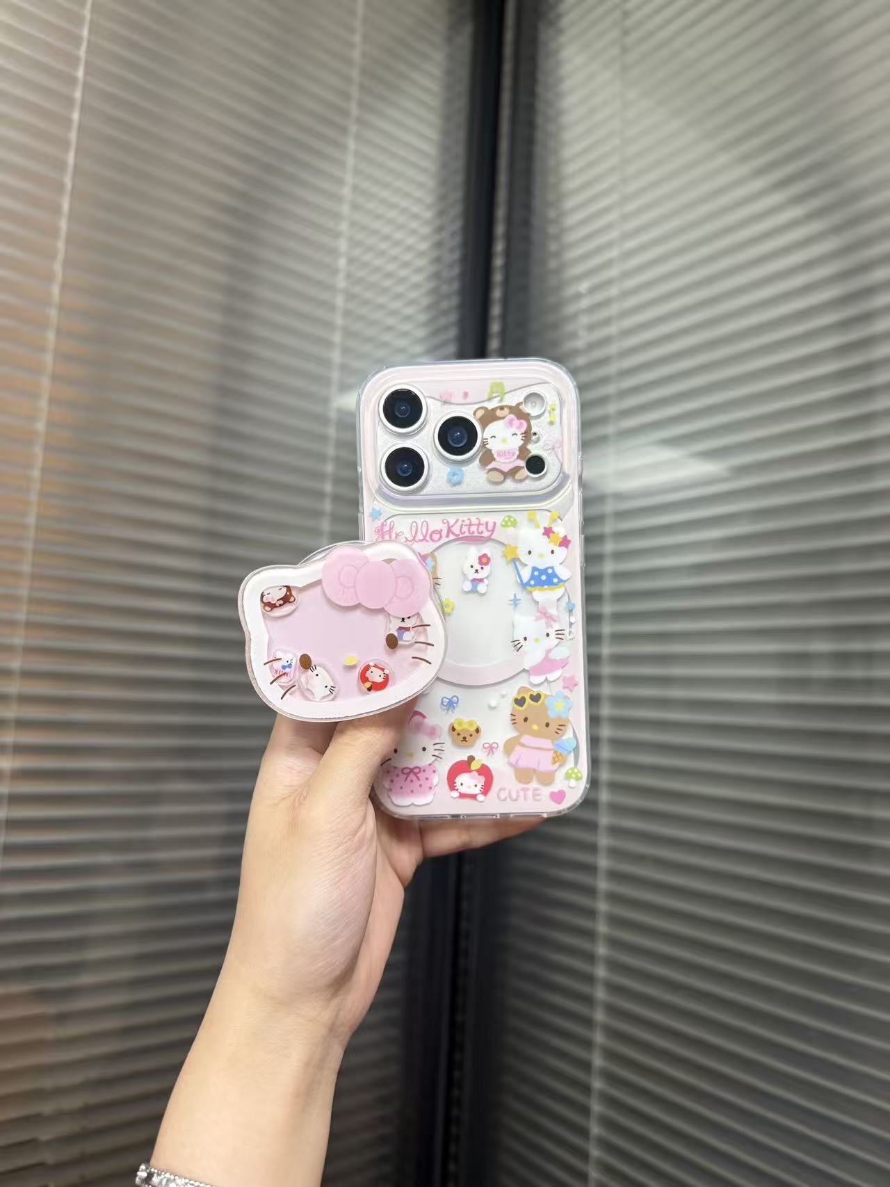 半透粉色摇摇乐凯蒂imd磁吸手机壳一套