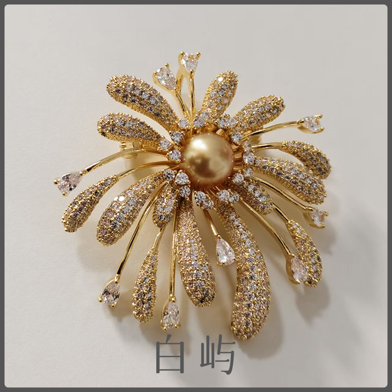 【鎏金岁月】X06天然海水南洋金珠珍珠烟花胸针9-10mm