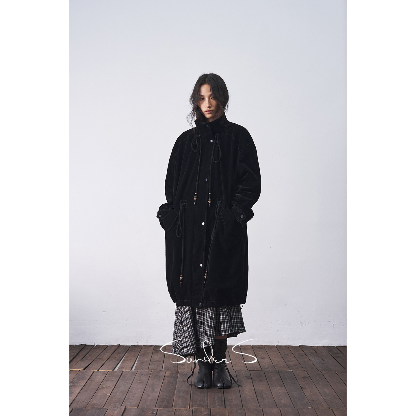 SONDERS复古植绒牛仔 立领抽绳 中长款 夹棉风衣外套