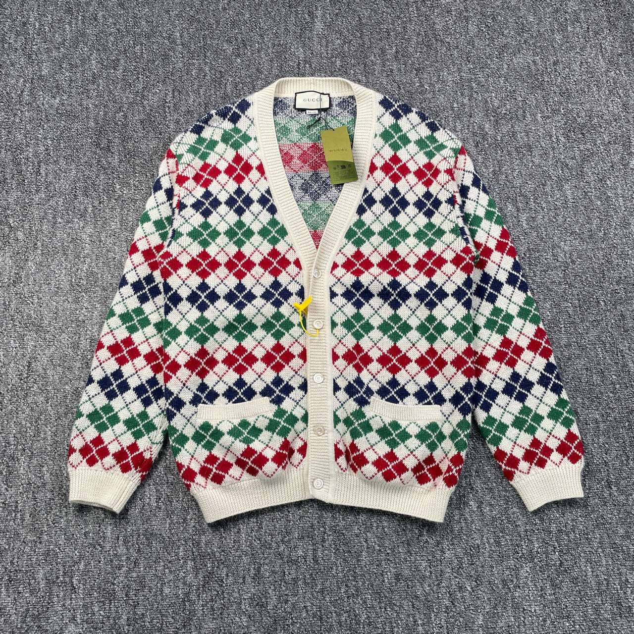 5481/Gucci 拼色格纹满印针织开衫外套/L码/全新带吊