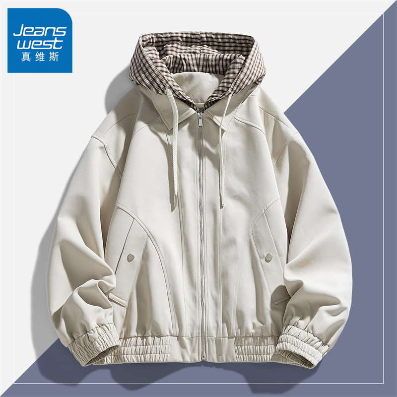 Jeanswest/真维斯秋冬新款男士外套潮流休闲假两件连帽夹克男上衣