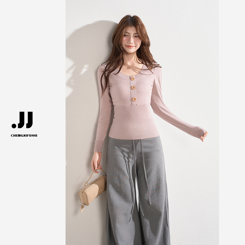 Y5333【弥漫温柔】秋季新款纽扣辣妹设计修身针织衫上衣女