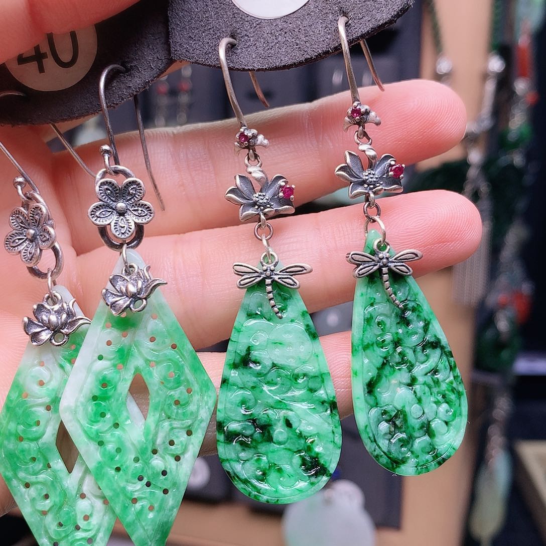 福***心银S925镶嵌翡翠耳饰