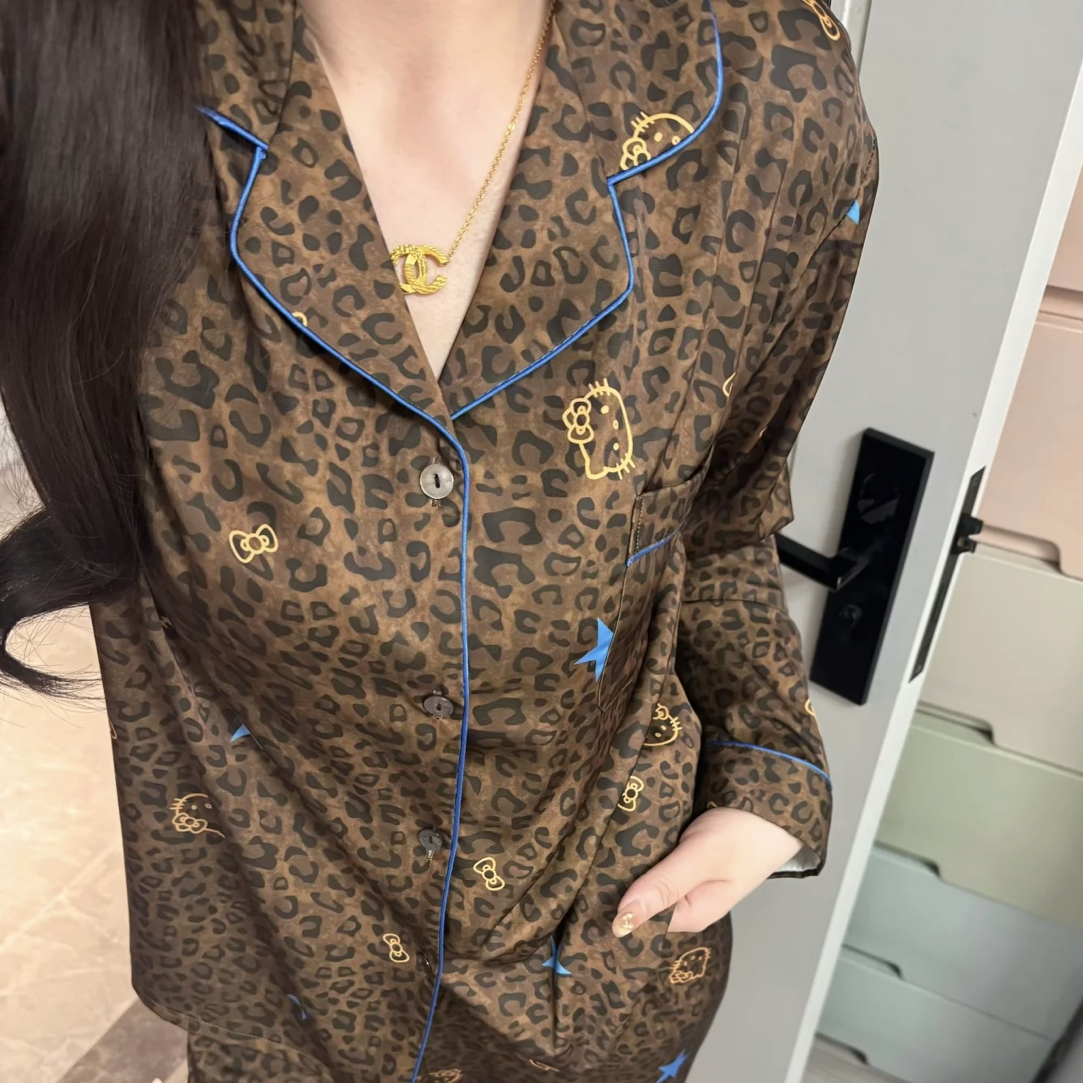 【豹纹kitty】法式高级感印花冰丝睡衣女春秋长袖宽松家居服套装