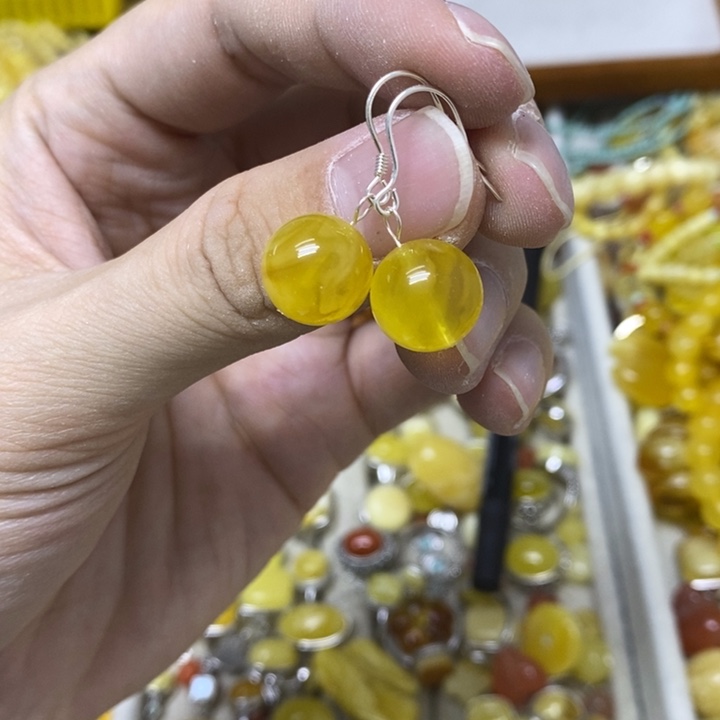 蜜蜡银S925镶嵌裸石耳钩